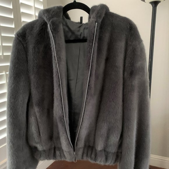 HELMUT LANG MINK GREY FAUX FUR HOODED BOMBER  S - Picture 8 of 10